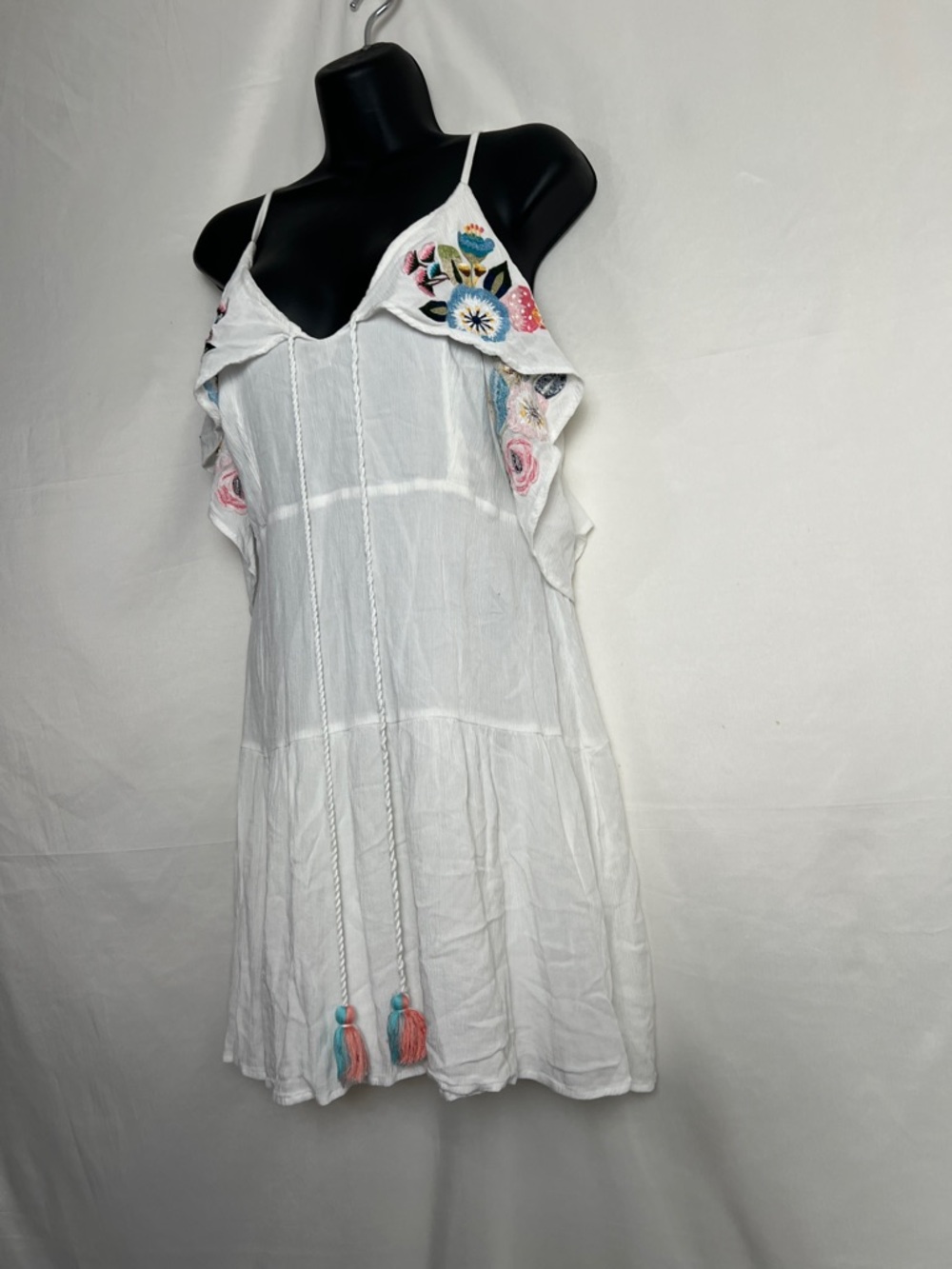 White Spaghetti-Strap Dress with Floral Embroidery - Picture 3 of 5